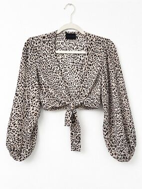 Nightwalker Leopard Print Wrap Crop Top Balloon Sleeve XS